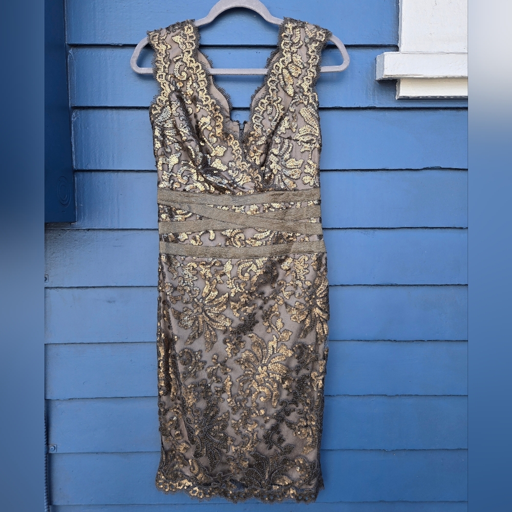 Tadashi Shoji Metallic Silver Champagne Lace Sheath Midi Dress - Picture 2 of 10